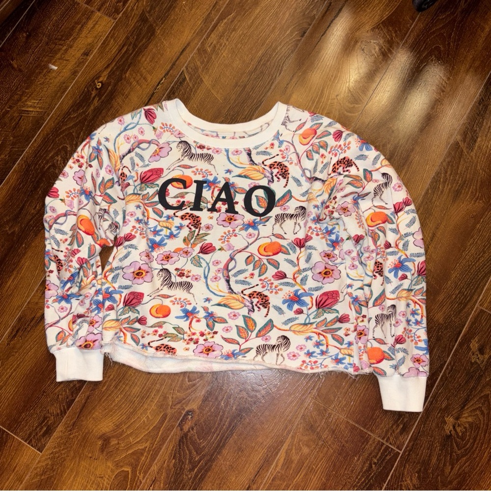 Maeve Floral 'CIAO' Crewneck Sweatshirt - White, Pink, Orange, Blue